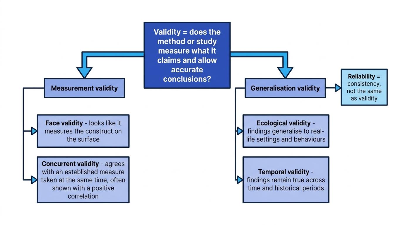 Concept map showing validity split into measurement validity and generalisation validity, with face, concurrent, ecological and temporal validity labelled