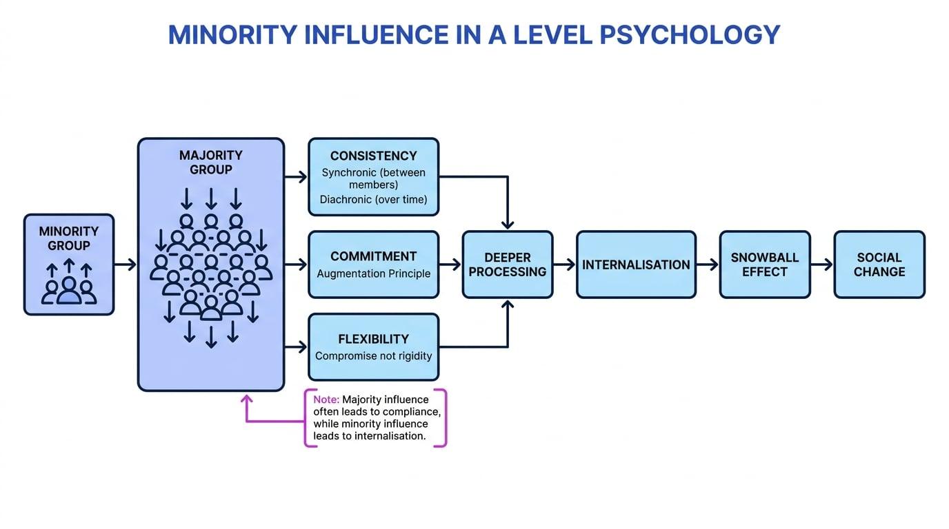 Flowchart showing a small minority using consistency, commitment, and flexibility to produce deeper processing, internalisation, snowball effect, and social change