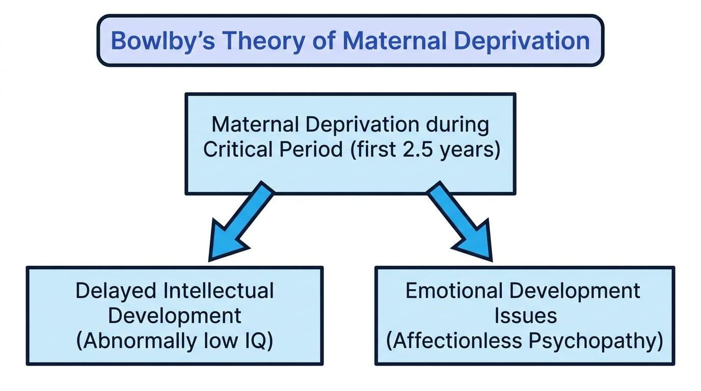 Flowchart showing Maternal Deprivation during the Critical Period leading to Delayed Intellectual Development and Emotional Development Issues