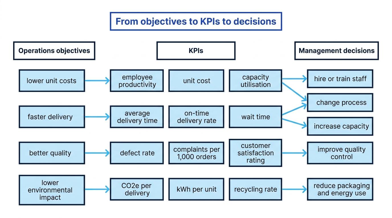Flowchart showing operations objectives on the left, matching KPI examples in the centre, and management decisions on the right