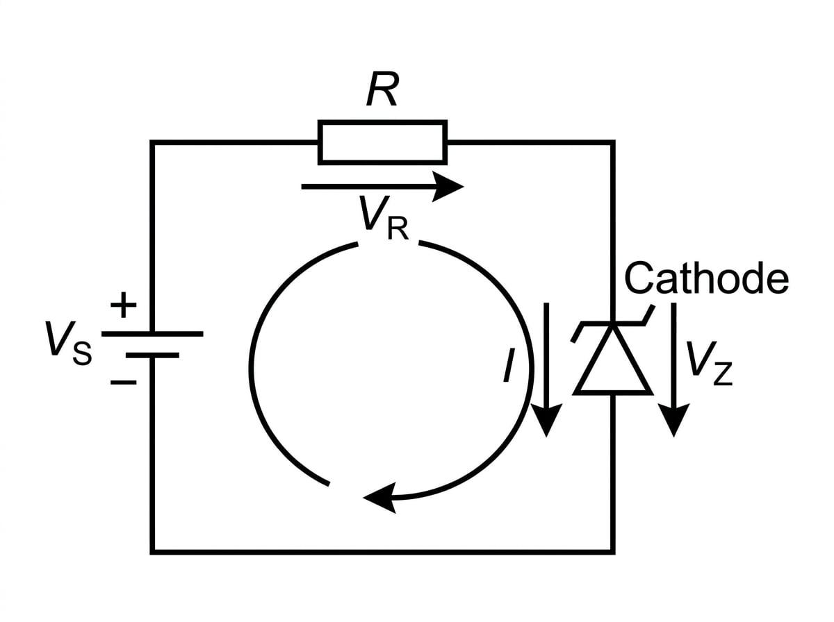 Circuit schematic of a Zener reference circuit with supply Vs, series resistor R, reverse-biased Zener diode, resistor voltage Vr, Zener voltage Vz, and current I