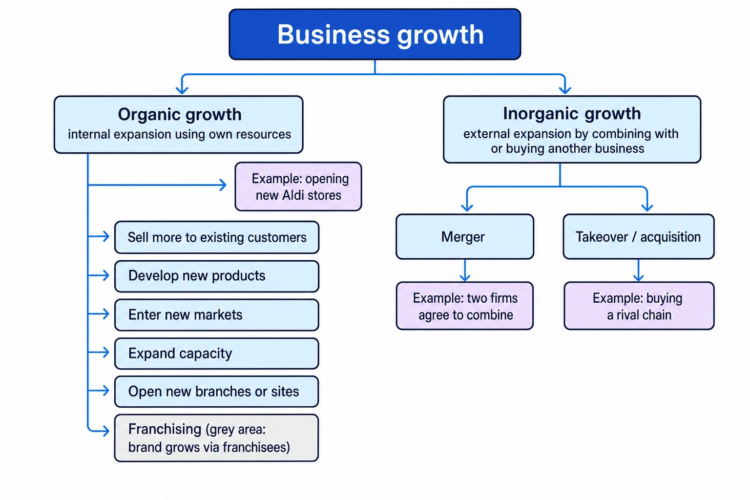 Flowchart showing business growth splitting into organic growth with internal methods and inorganic growth with merger or takeover routes