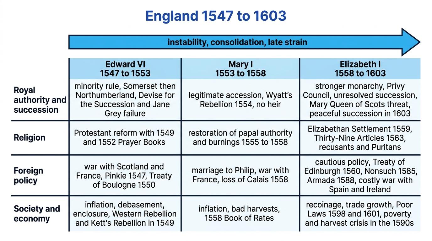 Comparison chart of Edward VI, Mary I and Elizabeth I across royal authority and succession, religion, foreign policy, and society and economy, with an arrow showing instability, consolidation and late strain