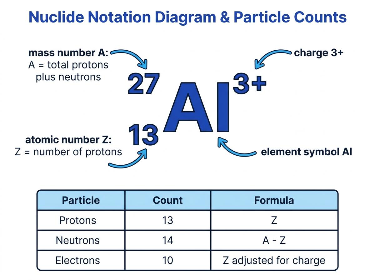 Nuclide notation for aluminium-27 ion with labels for mass number, atomic number, charge, and particle counts