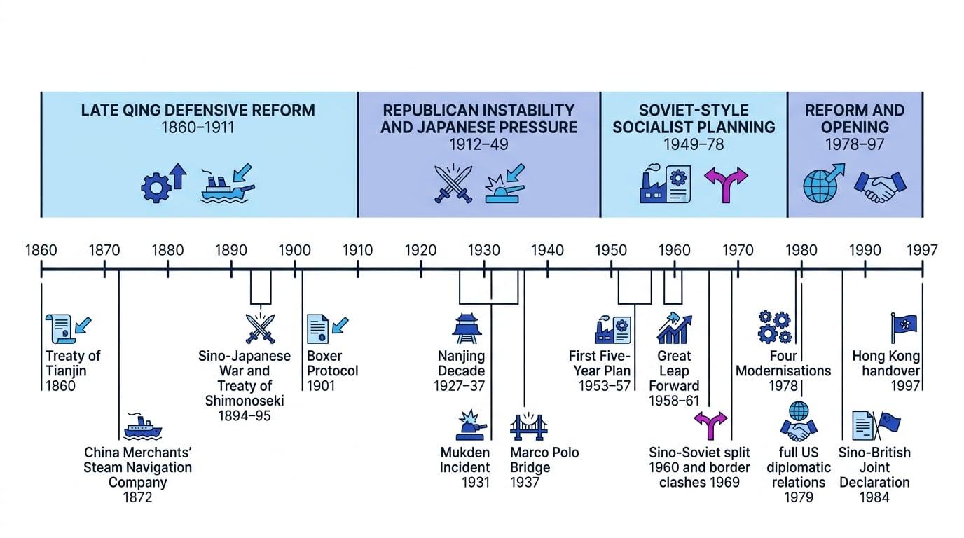 Annotated timeline of China from 1860 to 1997 with four phases and key events in industry, foreign pressure, socialist planning, and reform and opening