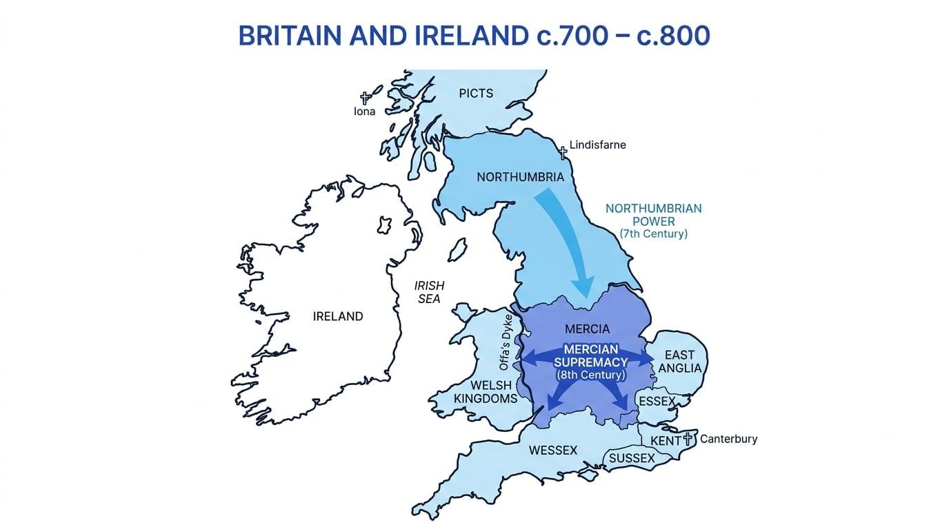 Map of Britain and Ireland c.700-c.800 showing Northumbria, Mercia, Wessex, Kent, East Anglia, Essex, Sussex, Welsh kingdoms, Picts, Ireland, Canterbury, Lindisfarne, Iona, and Offa's Dyke
