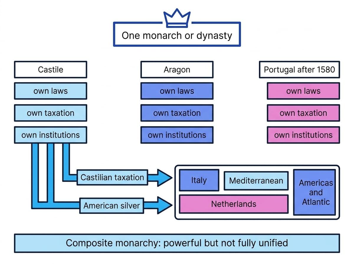 Schematic showing one monarch ruling Castile, Aragon, and Portugal after 1580, with each territory keeping its own laws, taxation, and institutions, while Castilian taxation and American silver funded wars across the empire