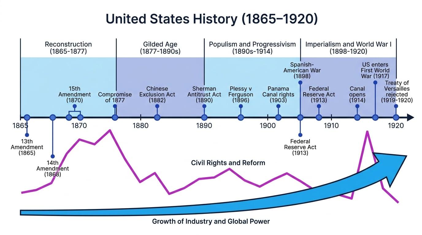 Timeline of US history from 1865 to 1920 showing Reconstruction, the Gilded Age, Populism and Progressivism, and Imperialism and World War I with key events marked