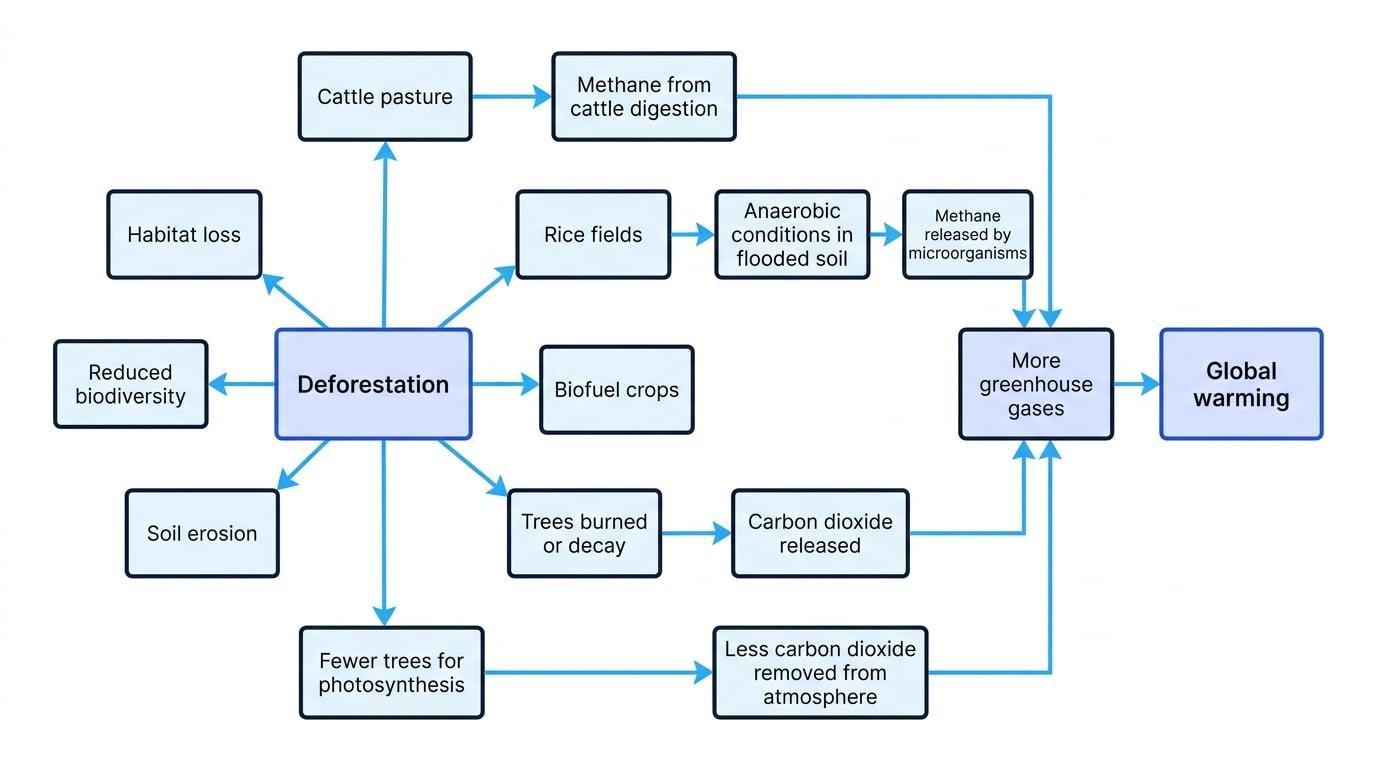 Flow diagram linking tropical deforestation to cattle pasture, rice fields, biofuel crops, carbon dioxide, methane, habitat loss, reduced biodiversity, soil erosion and global warming