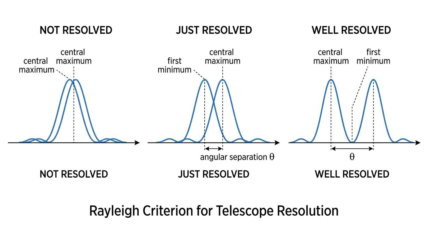 Airy disc patterns for not resolved, just resolved, and well-resolved stars, with central maxima, first minima, and angular separation labelled
