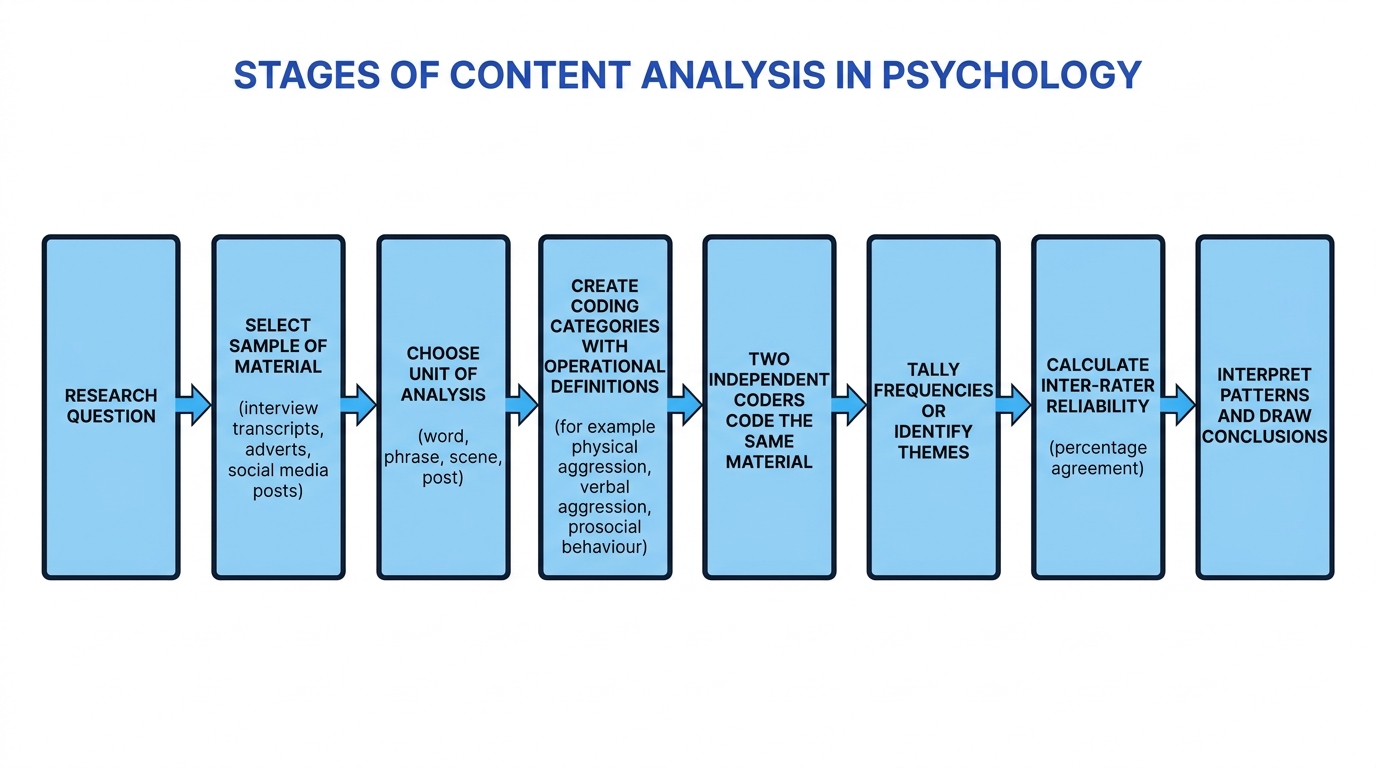 Flowchart of content analysis stages from research question to drawing conclusions with coding and inter-rater reliability labelled