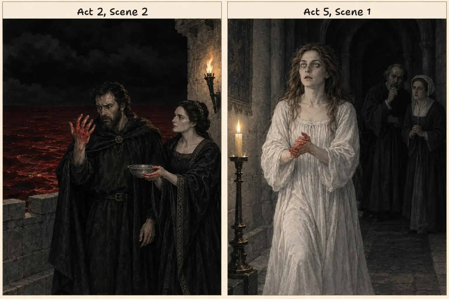 Two panels: Macbeth staring at his bloody hand beside a reddening sea, then Lady Macbeth sleepwalking with a candle, washing her hands