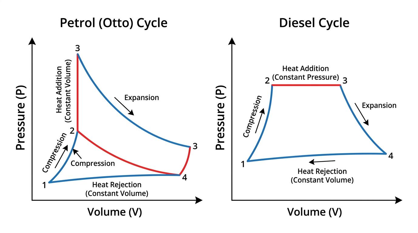 Theoretical p-V loops for Petrol and Diesel