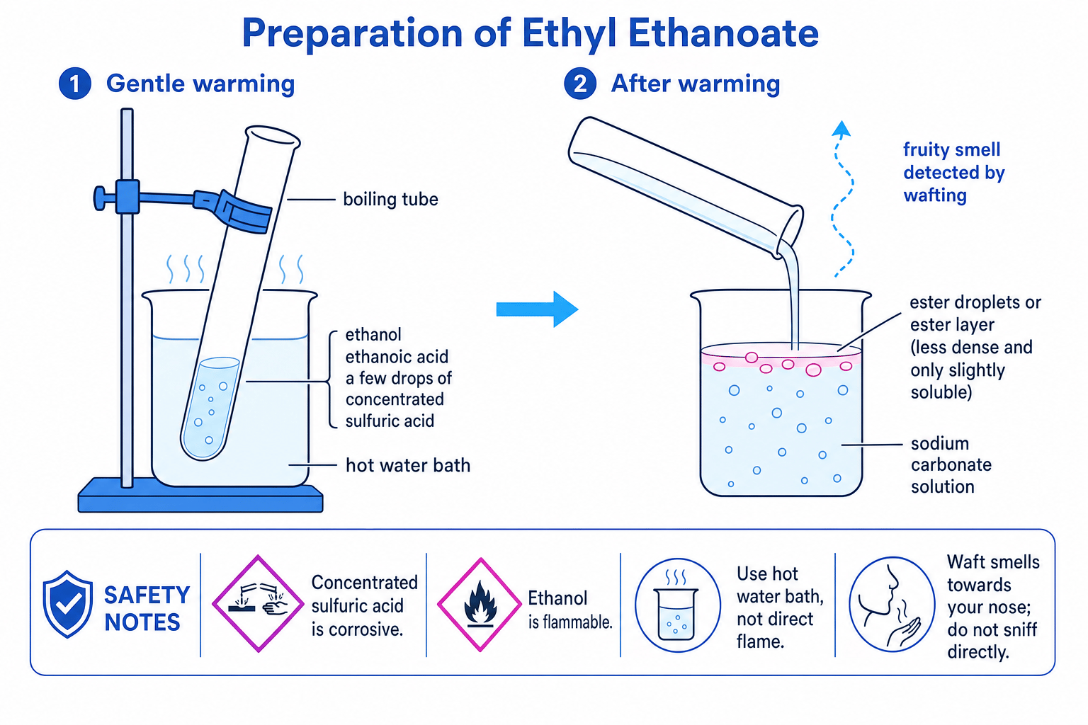 Preparing ethyl ethanoate using a hot water bath and sodium carbonate solution