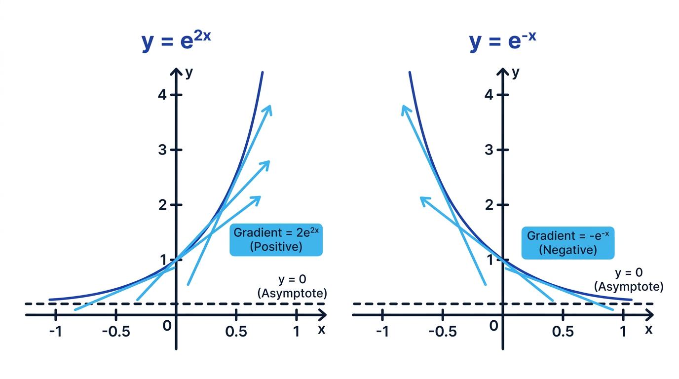 Graphs of y = e^{2x} and y = e^{-x}, with tangent lines showing positive and negative exponential gradients