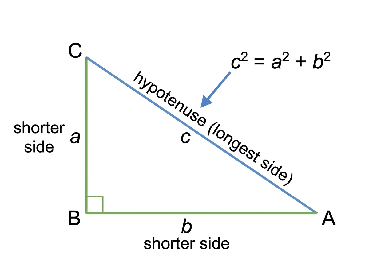 Labelled right-angled triangle showing the hypotenuse opposite the right angle