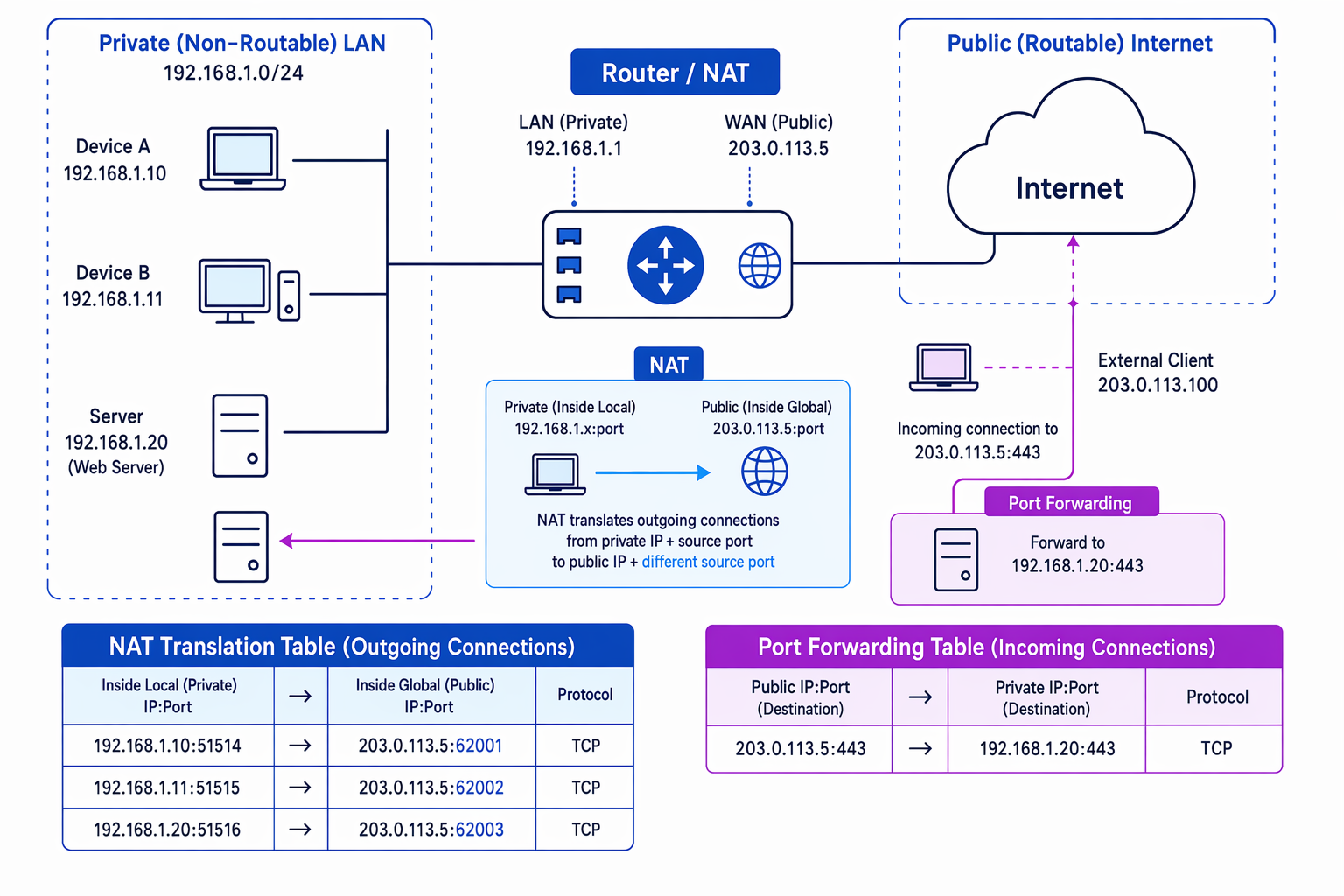 NAT and port forwarding between a private LAN and the public Internet