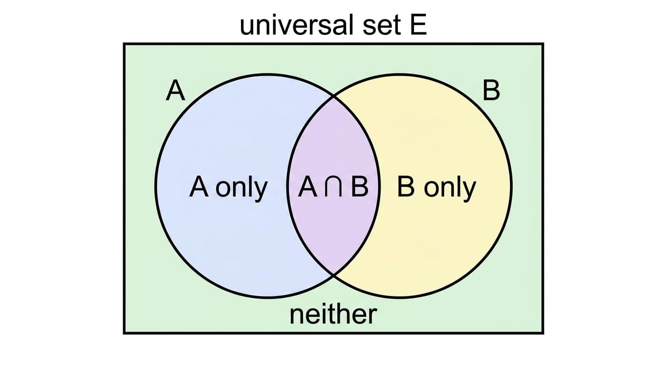 Two-set Venn diagram showing A only, A intersection B, B only, and neither