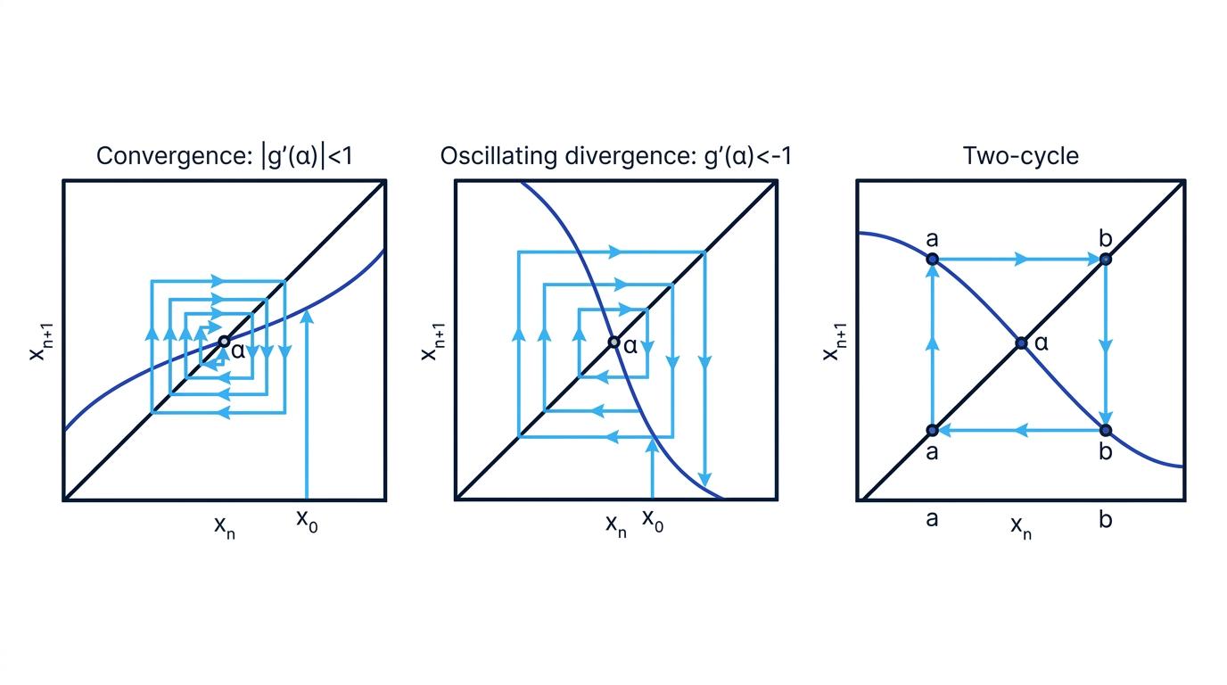 Cobweb diagrams comparing convergence, oscillating divergence and a repeating two-cycle