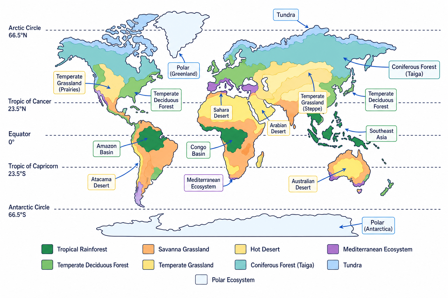 Simplified world map showing the distribution of major natural global ecosystems including tropical rainforest, hot desert, savanna, temperate deciduous forest, temperate grassland, Mediterranean, taiga, tundra and polar ecosystems