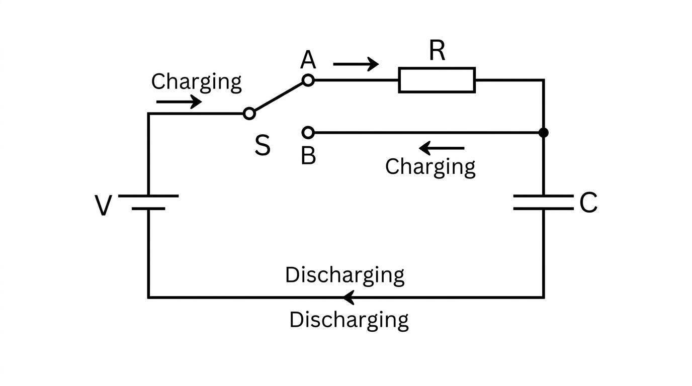 Circuit diagram showing a resistor, capacitor, and a two-way switch for charging and discharging