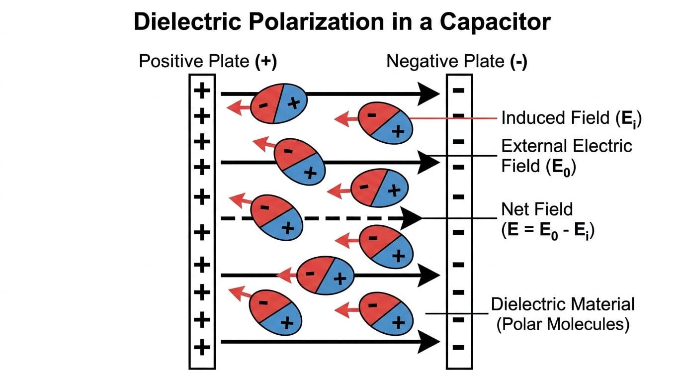 Diagram showing polar molecules aligning in an electric field between two capacitor plates