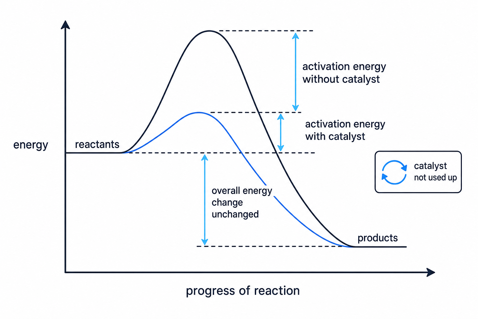 Reaction profile diagram showing lower activation energy with a catalyst and unchanged overall energy change