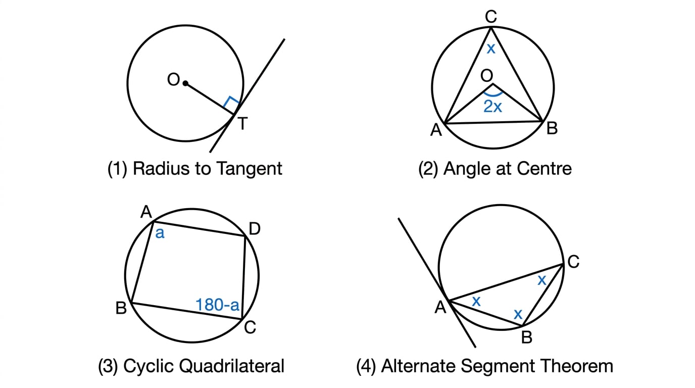 Four key circle theorem sketches: tangent-radius right angle, centre angle twice circumference angle, cyclic quadrilateral opposite angles, and alternate segment theorem