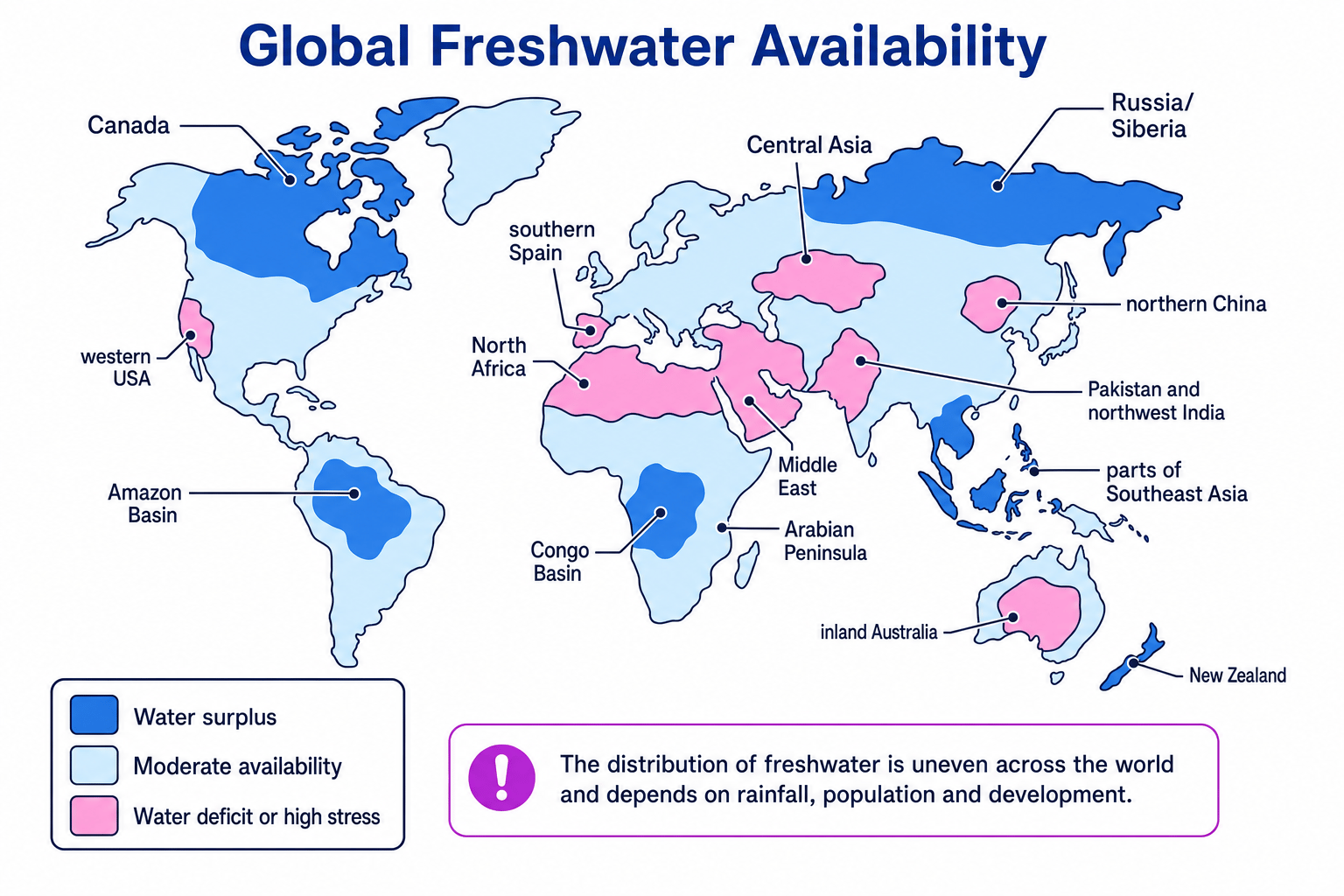 Simplified world map showing broad zones of freshwater surplus, moderate availability and water deficit or high stress