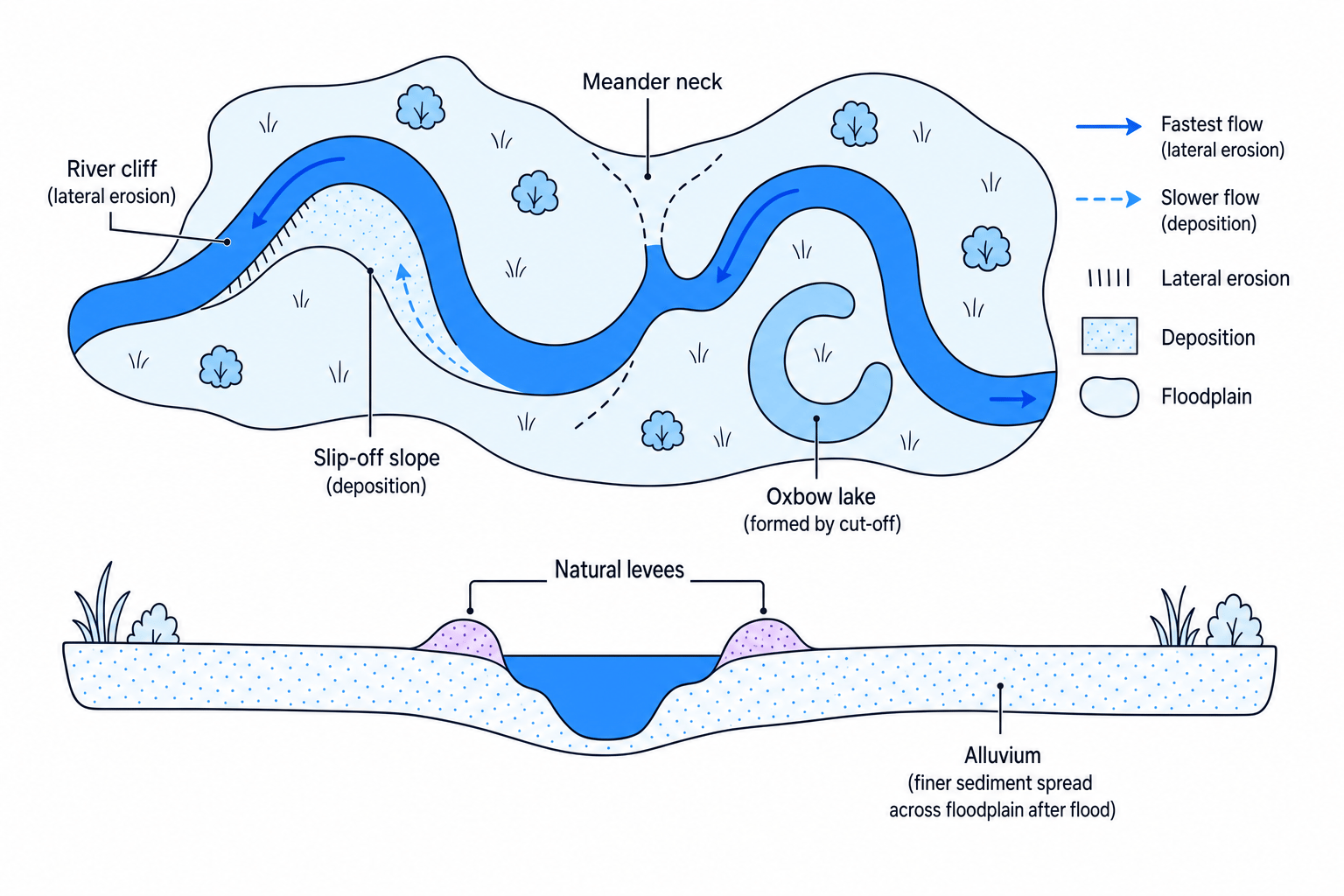 Meanders, oxbow lakes, floodplains and levees
