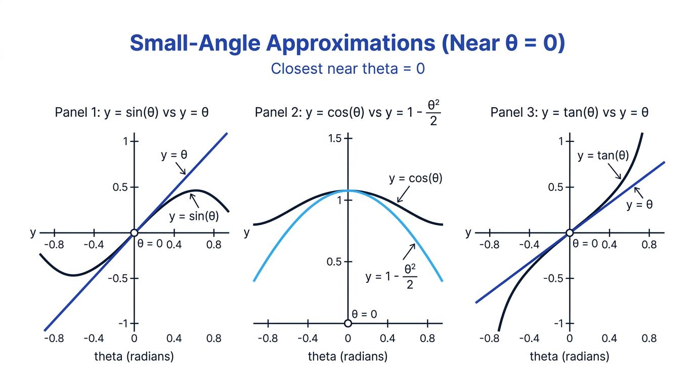 Graphs comparing sine, cosine and tangent with their small angle approximations near zero