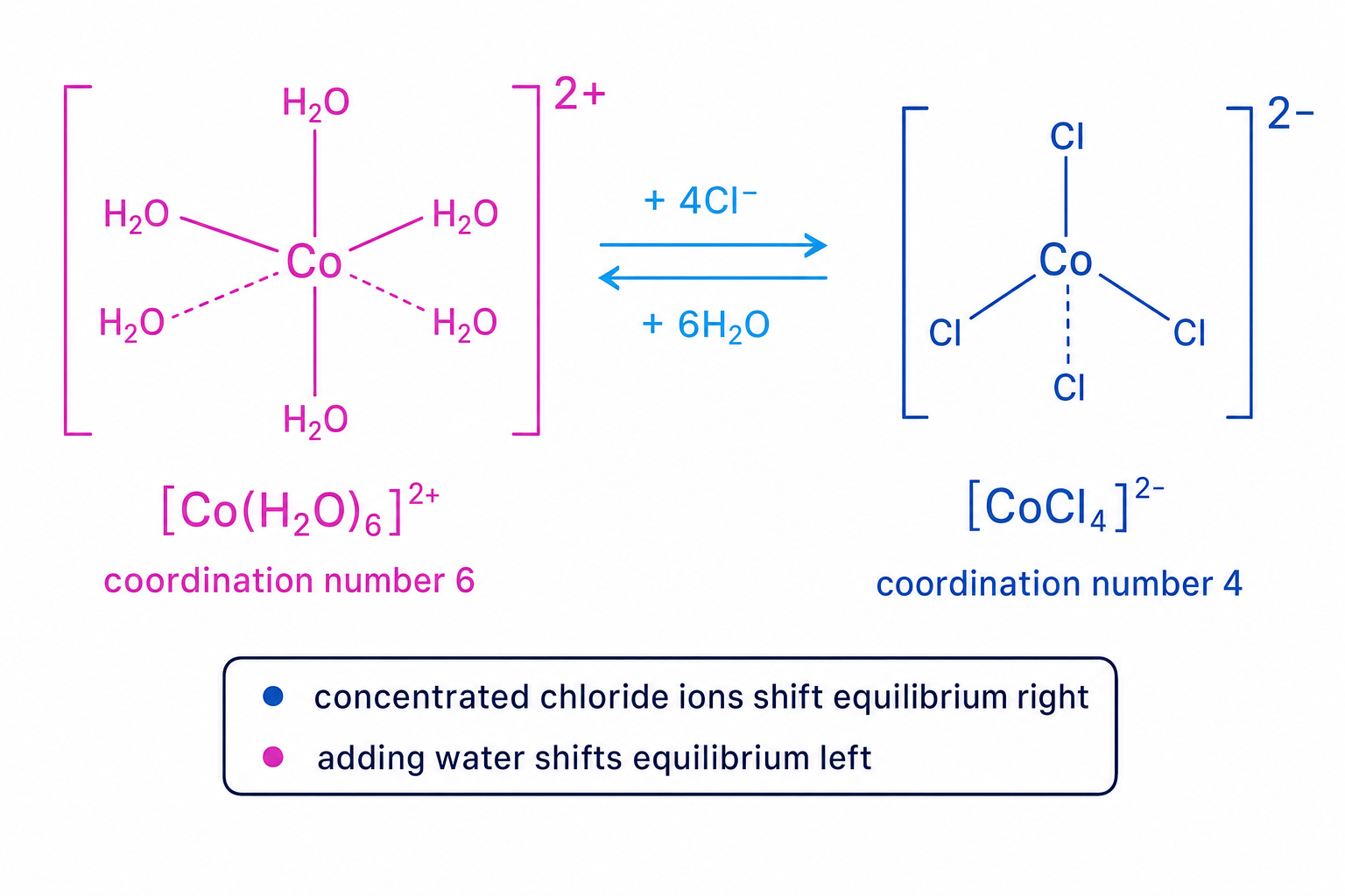 Ligand substitution equilibrium between pink hexaaquacobalt(II) and blue tetrachlorocobaltate(II)