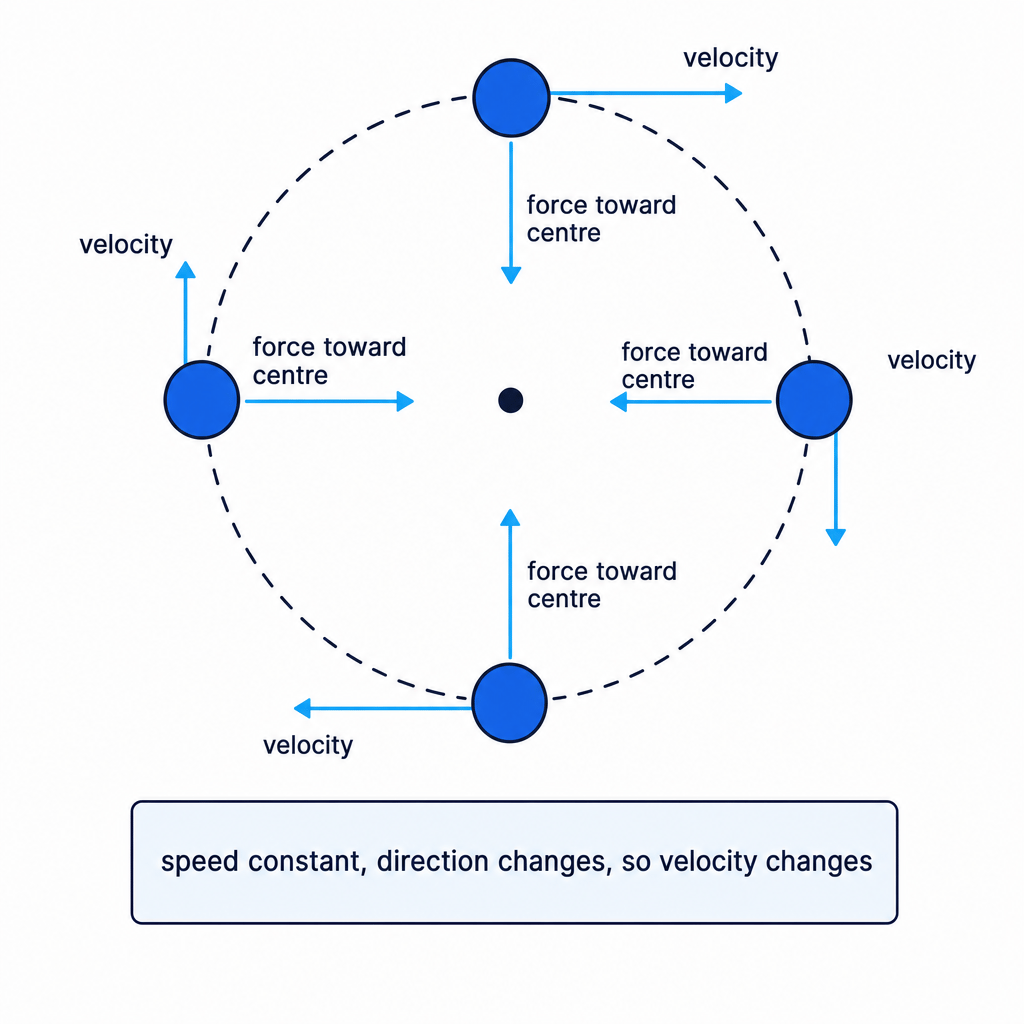 Circular motion showing tangent velocity arrows and inward force arrows