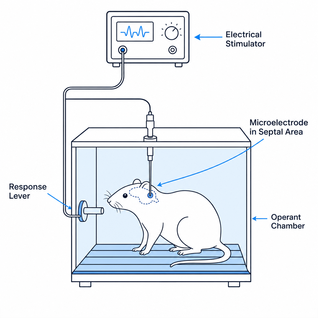 Experimental setup of Olds and Milner (1954) showing a rat in an operant chamber with an electrode targeting the septal area, connected to a stimulator.