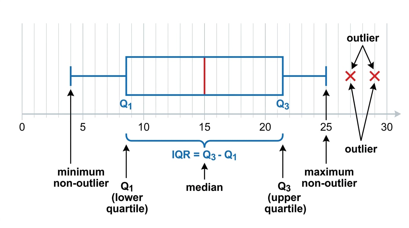 Annotated horizontal box plot showing quartiles, whiskers, and outliers