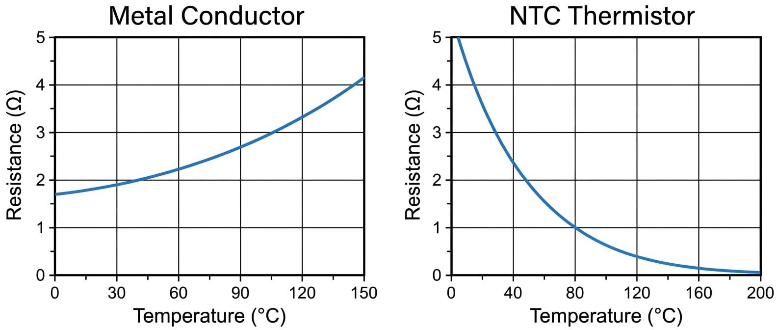 Resistance-Temperature graphs for a Metal Conductor and an NTC Thermistor