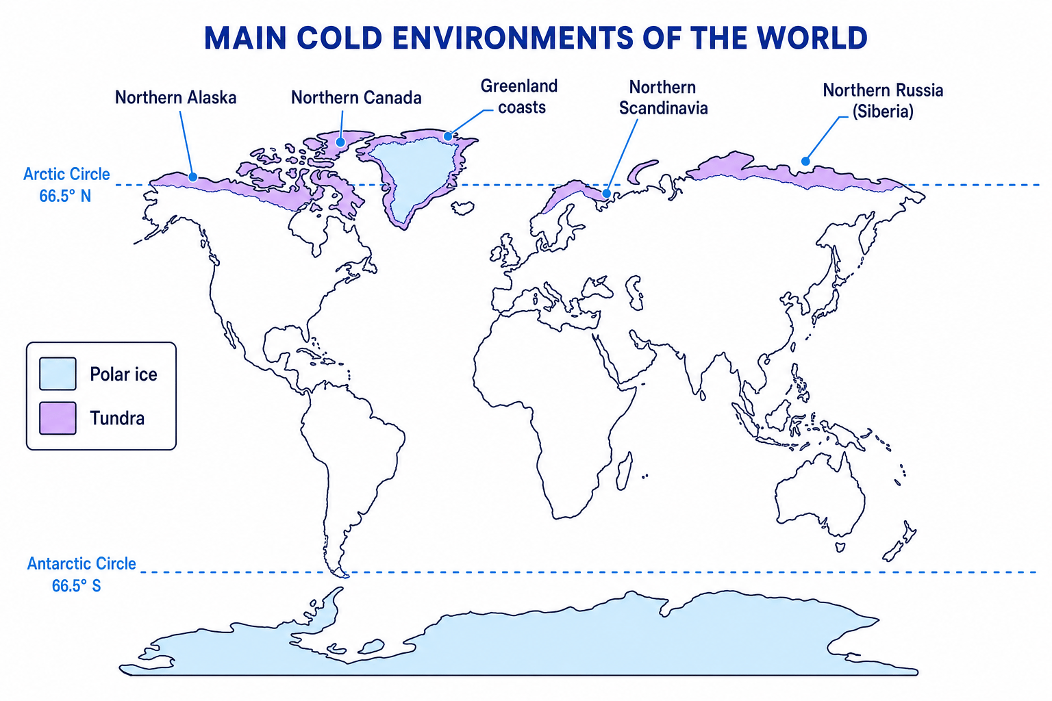World map showing polar and tundra cold environments