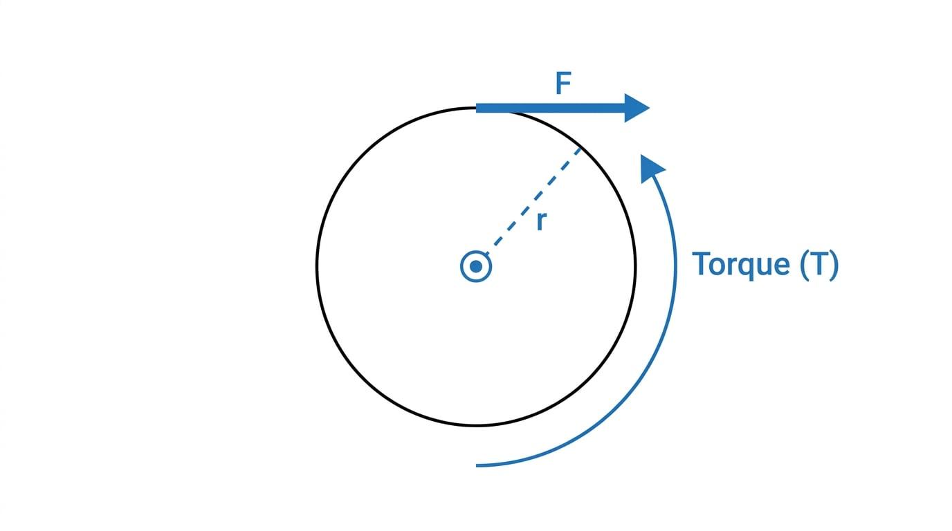 A diagram showing a tangentially applied force generating torque on a flywheel