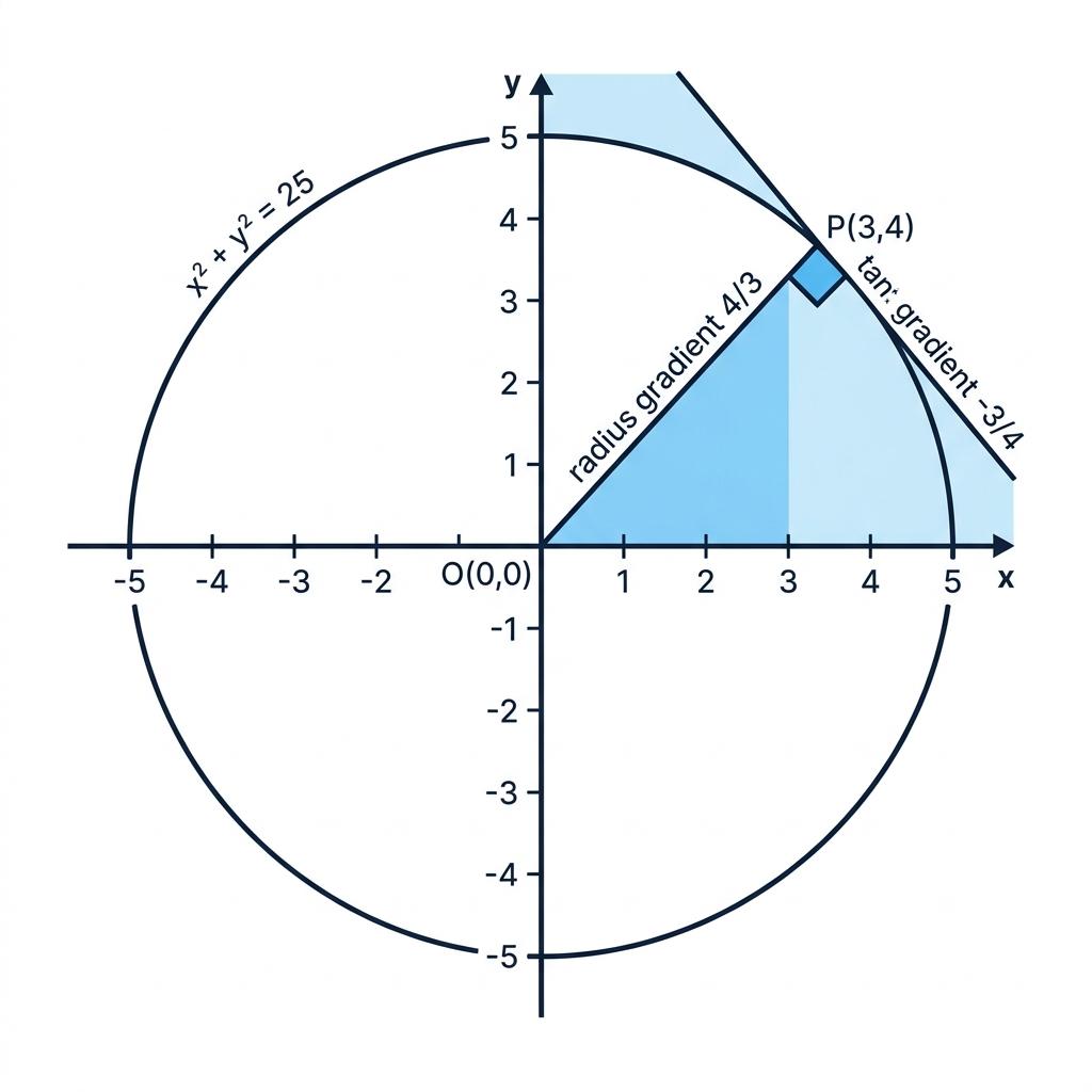 Circle x squared plus y squared equals 25 with radius and tangent at P(3,4)