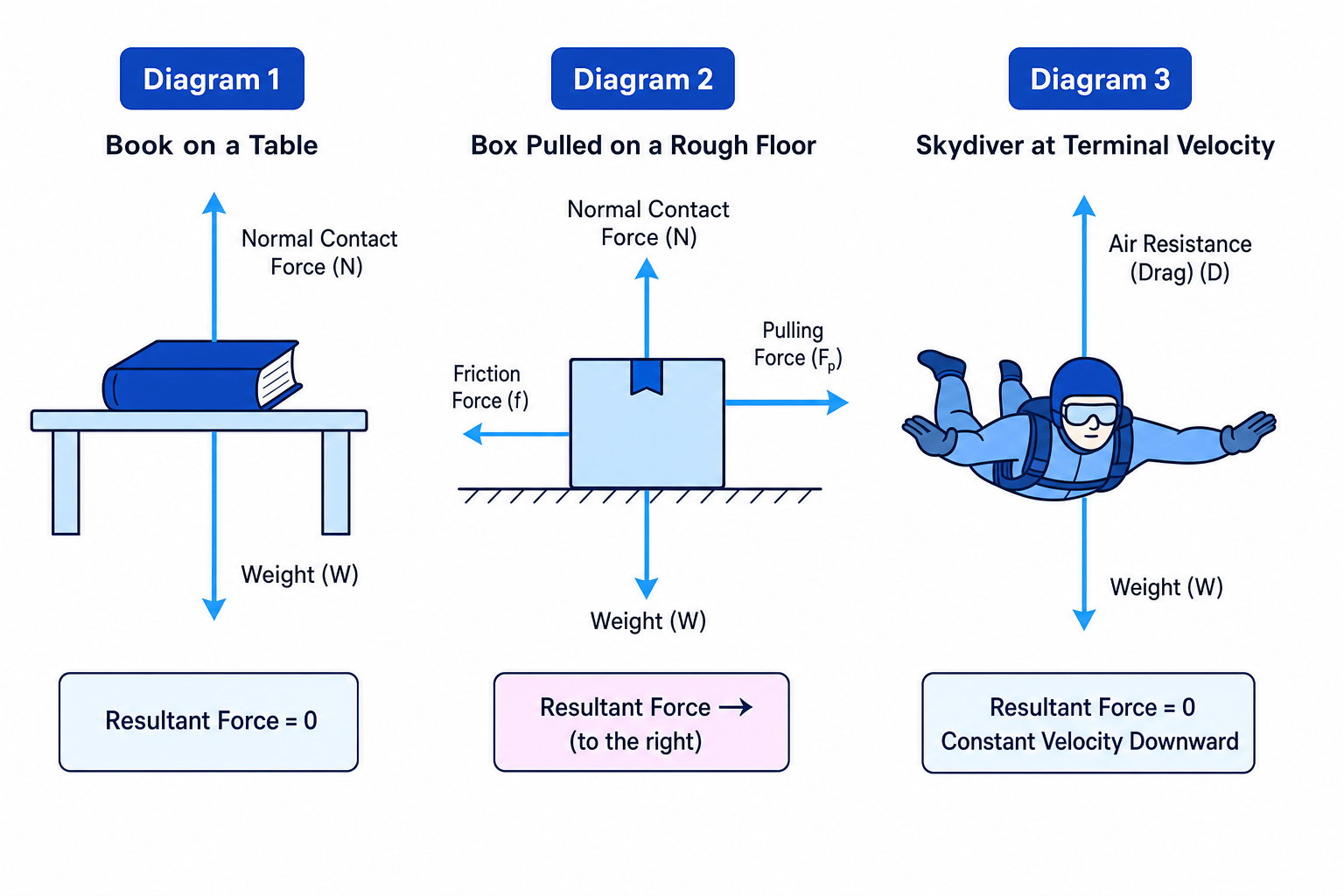 Free-body diagrams showing balanced, unbalanced and terminal velocity forces
