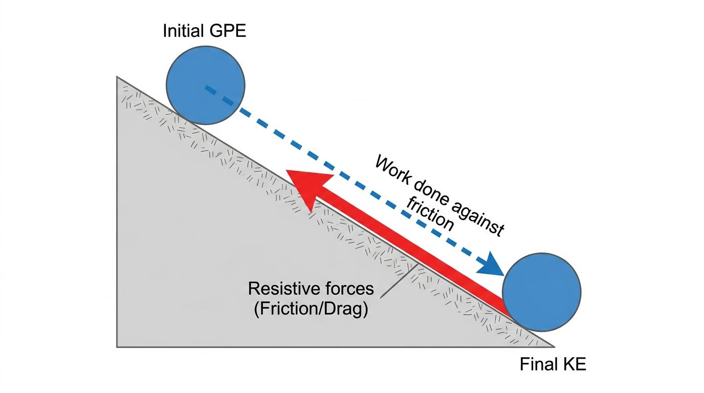 A ball rolling down a rough slope showing the transfer of GPE to KE and work done against friction.