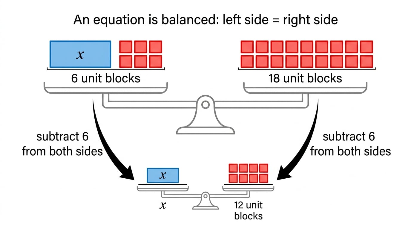 A balance scale showing x plus 6 blocks equal to 18 blocks, then subtracting 6 from both sides