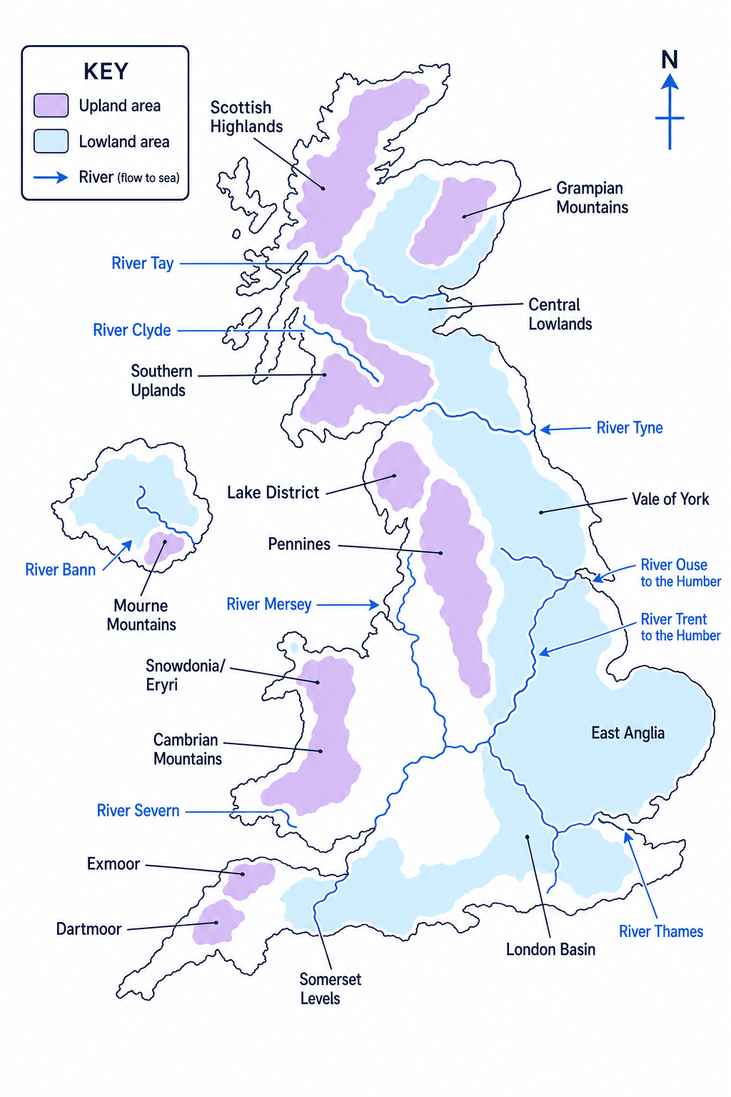 Map of the UK showing major upland areas, lowland areas and river systems