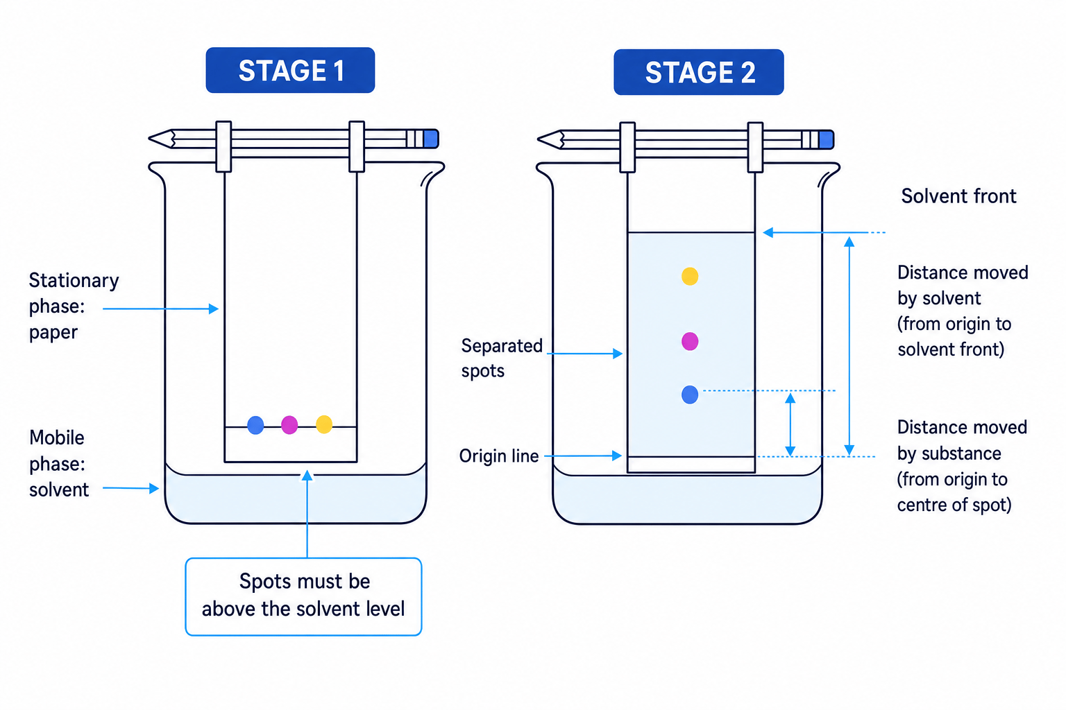 Paper chromatography setup showing stationary phase, mobile phase, origin line, solvent front, and distances moved