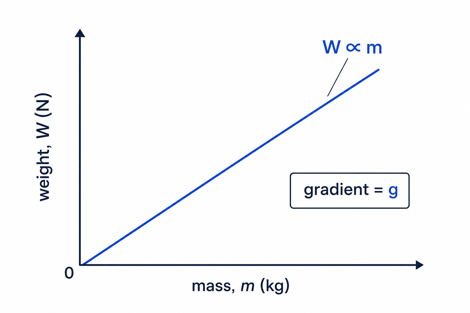 Graph of weight W against mass m showing a straight line through the origin, W proportional to m, with gradient equal to g