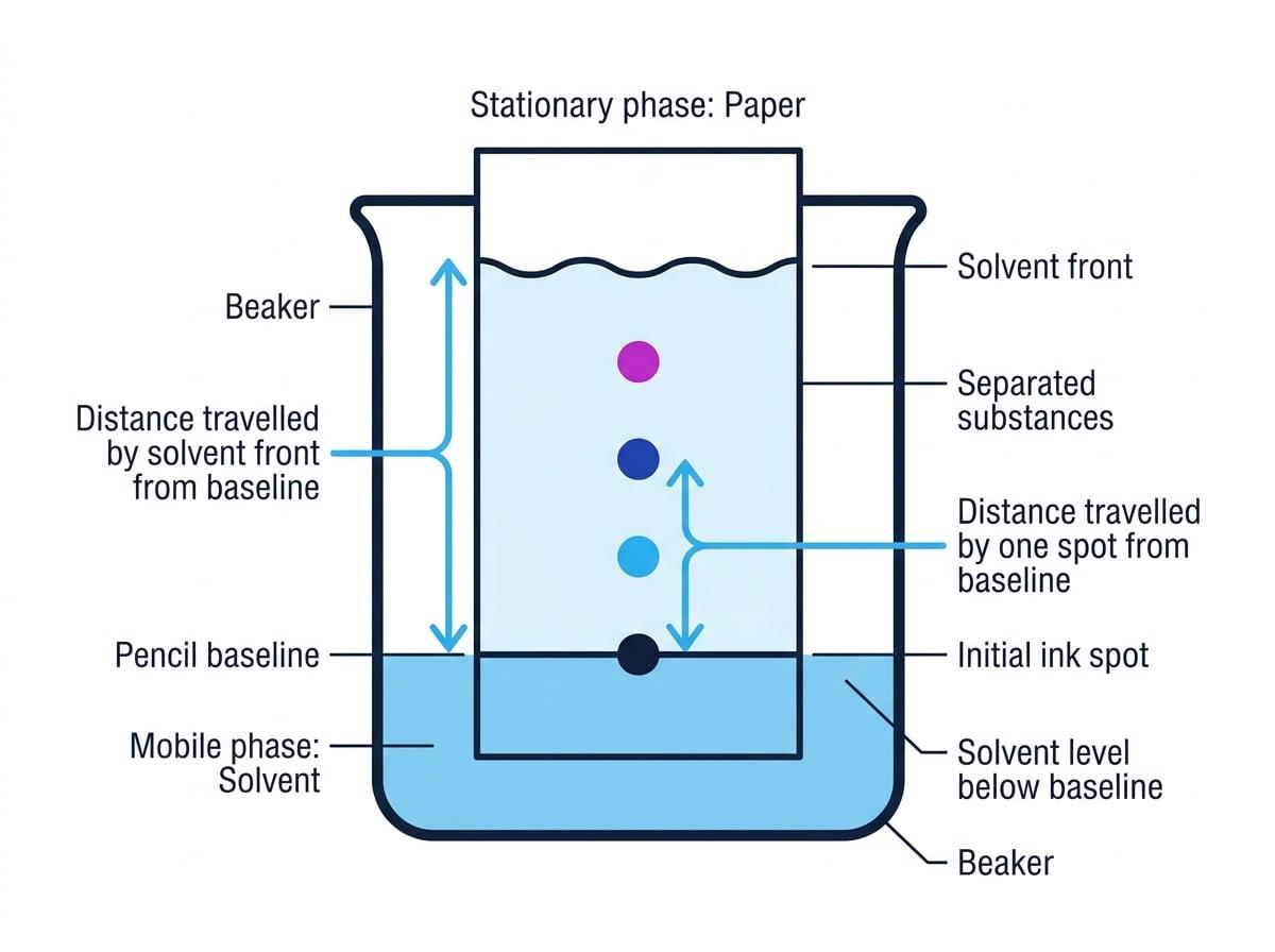 Paper chromatography setup showing baseline, solvent front, mobile phase, stationary phase and distances for Rf calculation