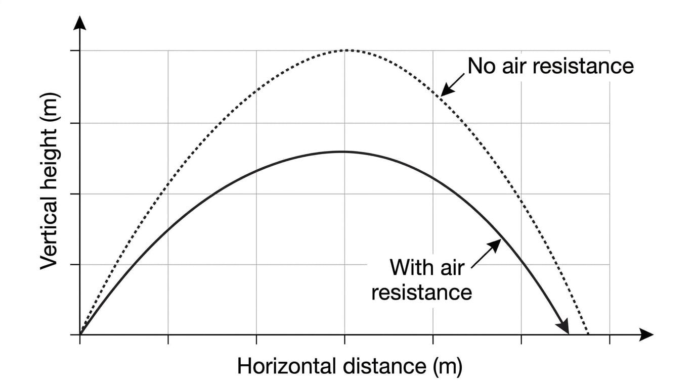 Graph comparing trajectories with and without air resistance