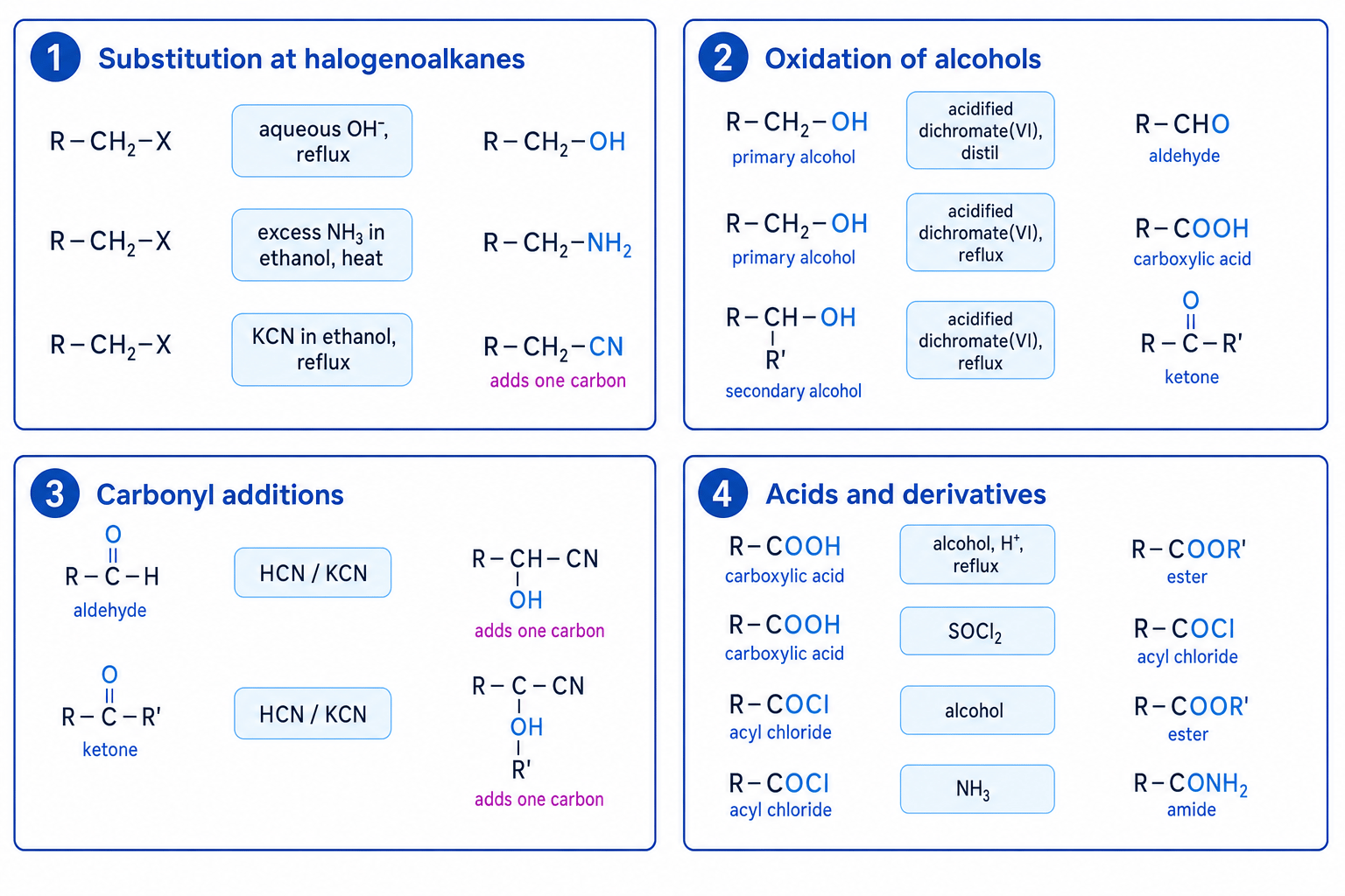 A-Level organic synthesis toolbox showing halogenoalkane substitution, alcohol oxidation, carbonyl additions, and carboxylic acid derivative reactions