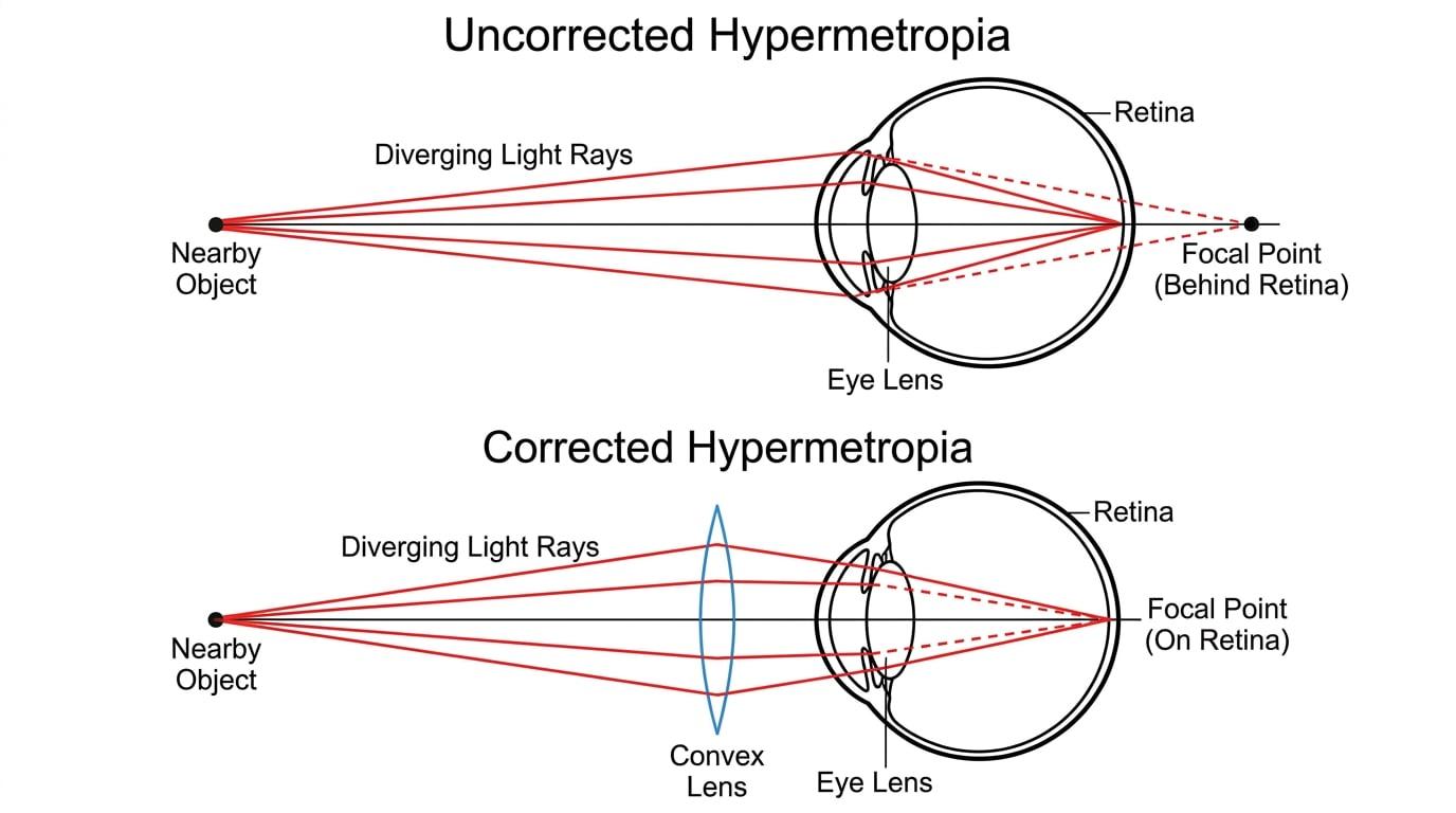 Ray diagram of uncorrected and corrected hypermetropia