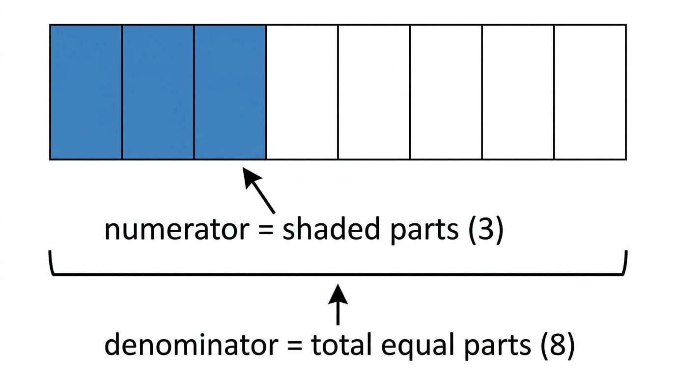 Fraction diagram showing 3 shaded parts out of 8, labelled numerator and denominator
